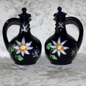 Vintage Pair of Cobalt Floral Jugs: Japanese China Pitcher with Stopper